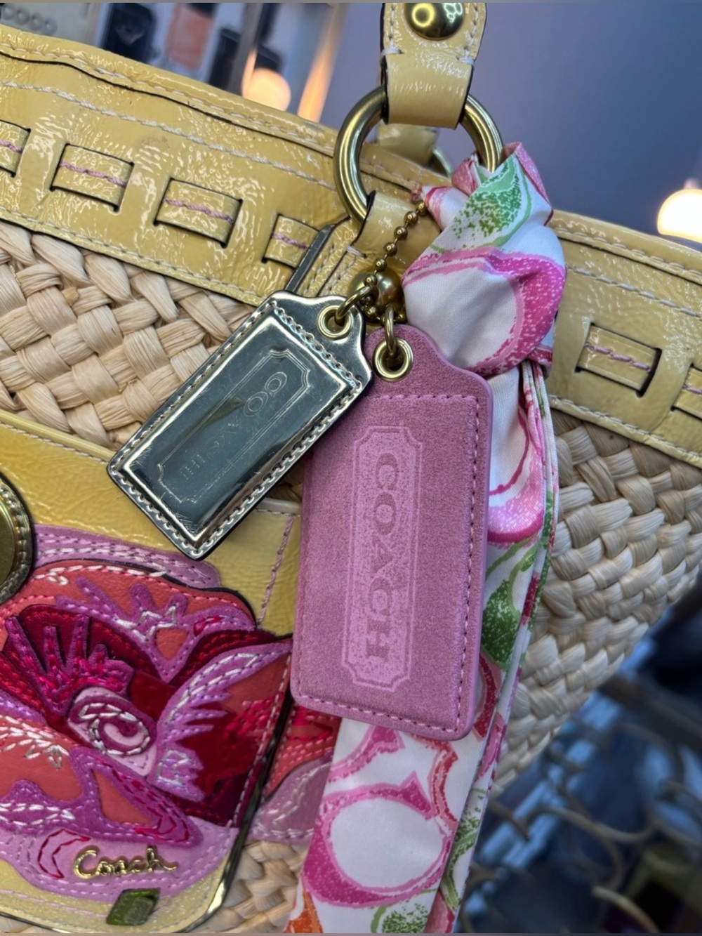 Coach Legacy Yellow Leather  Straw Tote with Pink Floral Applique and Scarf - Picture 3 of 15